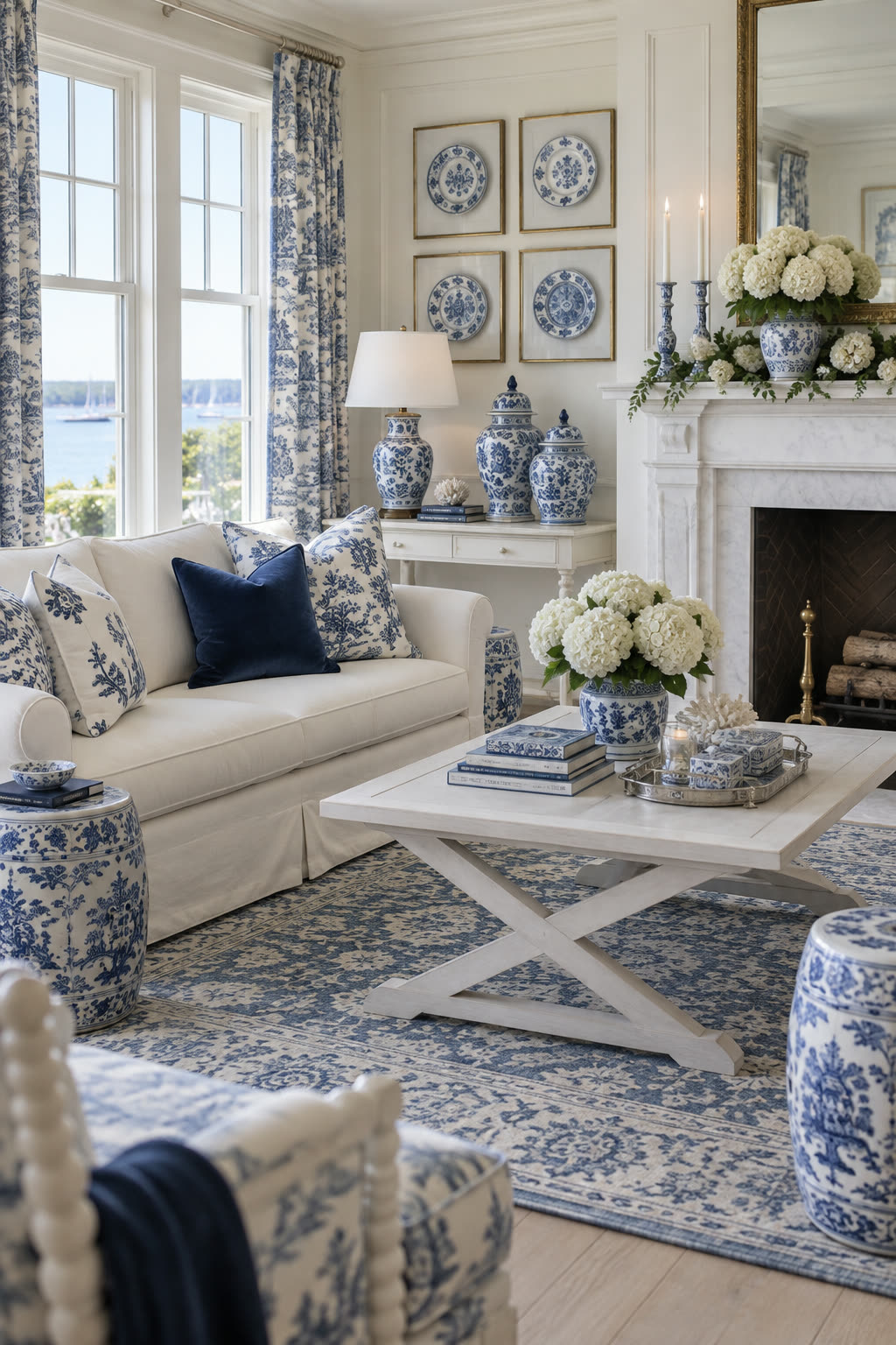 Blue and white chinoiserie living room with an ivory slipcovered sofa styled with chinoiserie, toile and navy velvet pillows, a white console with two ginger jars and a porcelain lamp, pierced garden stools, a whitewash coffee table with hydrangeas and a peony tray, blue toile drapery, a framed grouping of blue and white plates and a blue bird toile rug.