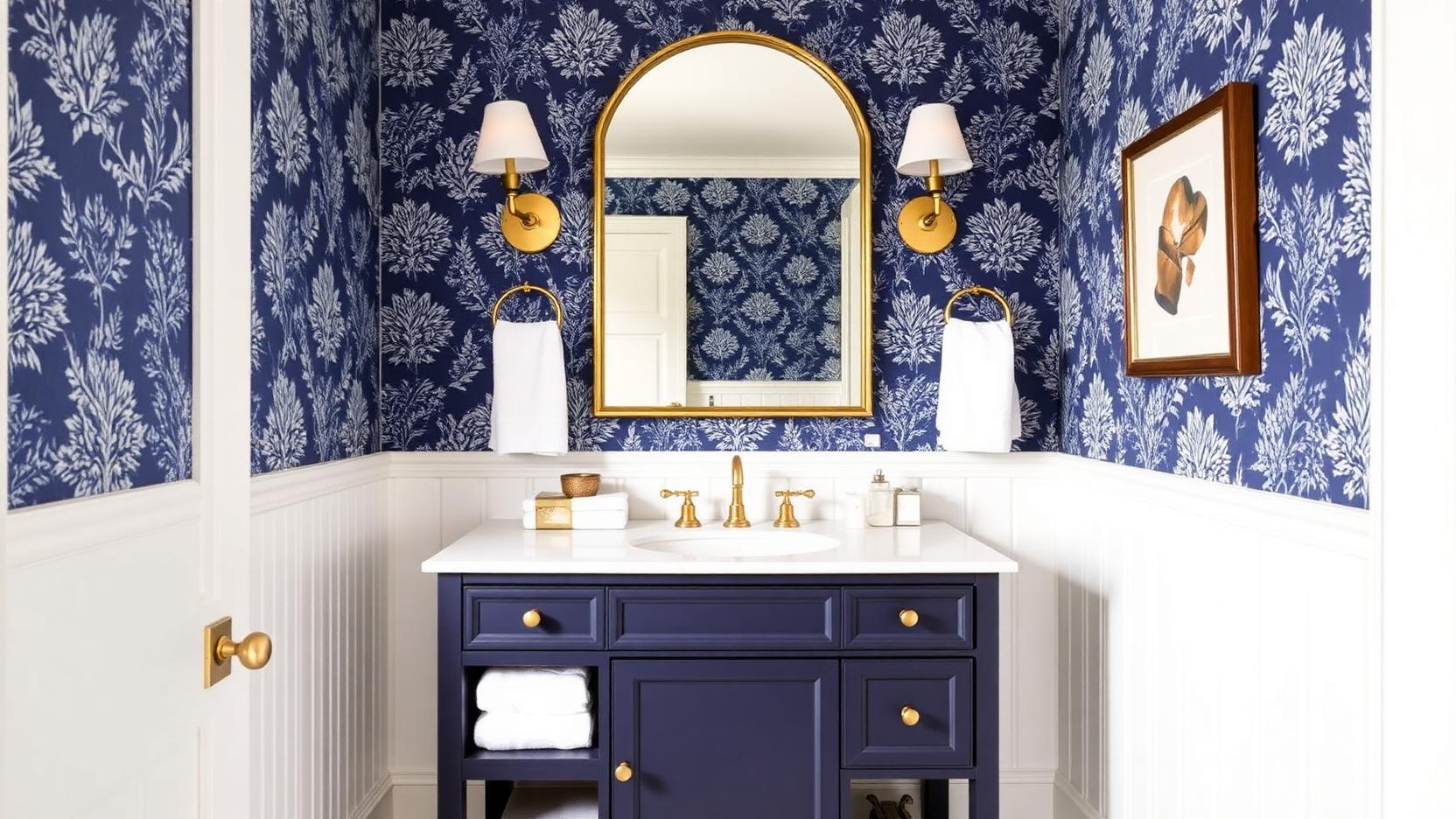 Coastal powder room with navy blue and white toile wallpaper, brass sconces, gold arched mirror and a navy vanity