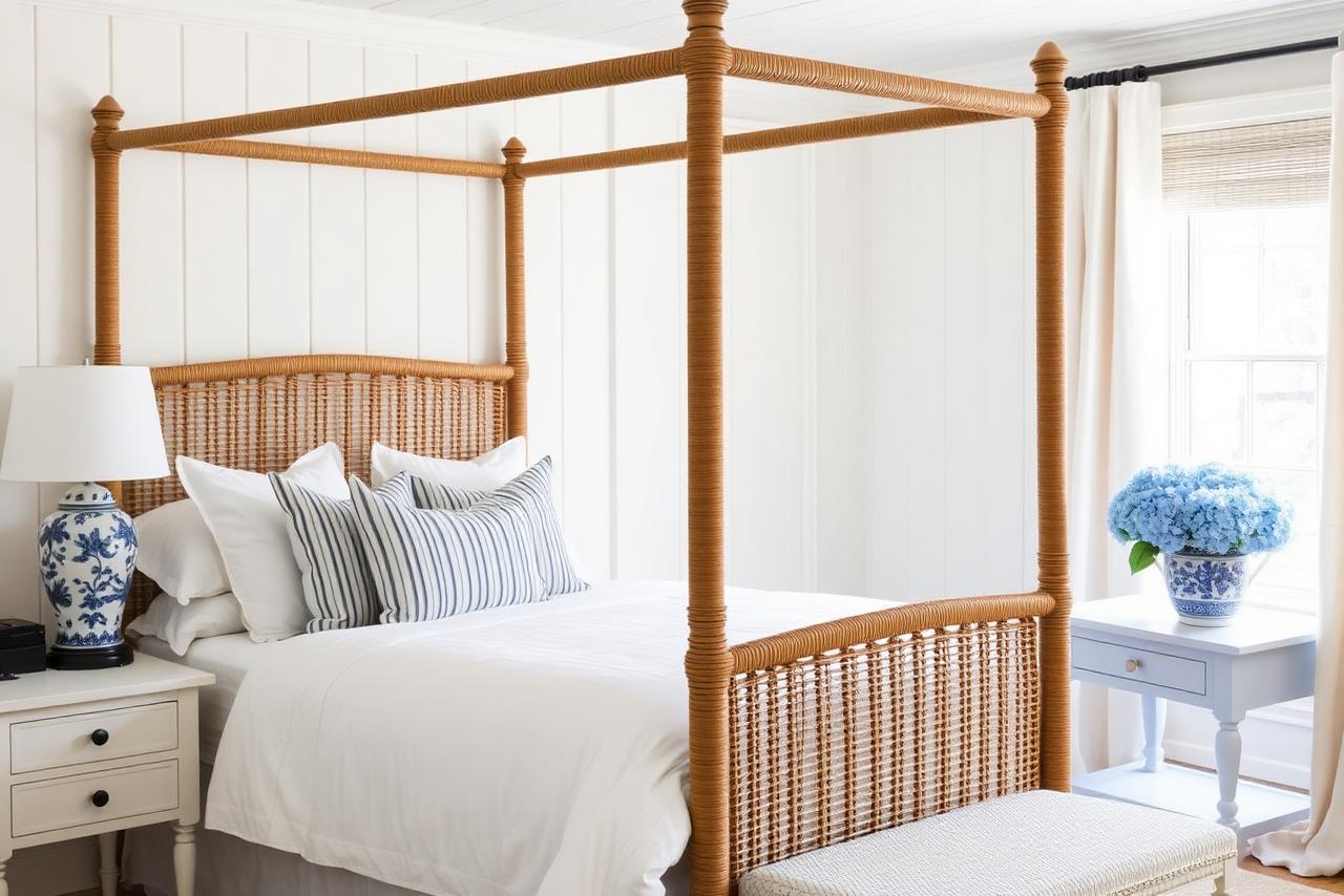White paneled Nantucket bedroom with a rattan four-poster bed, ticking stripe pillows and a blue and white ginger jar lamp