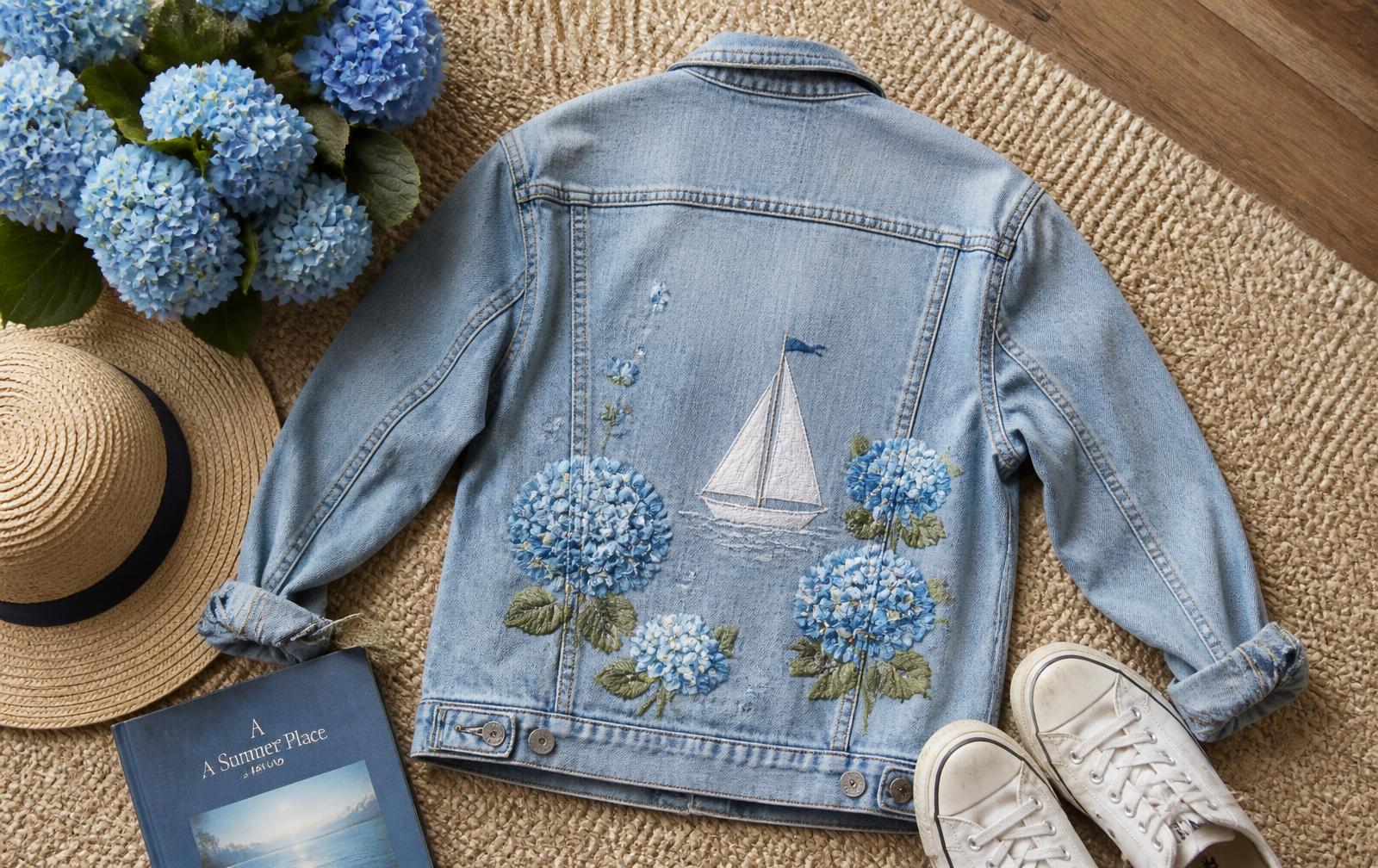 Light-wash denim jacket hand-embroidered with blue hydrangeas and a white sailboat, laid on a jute rug