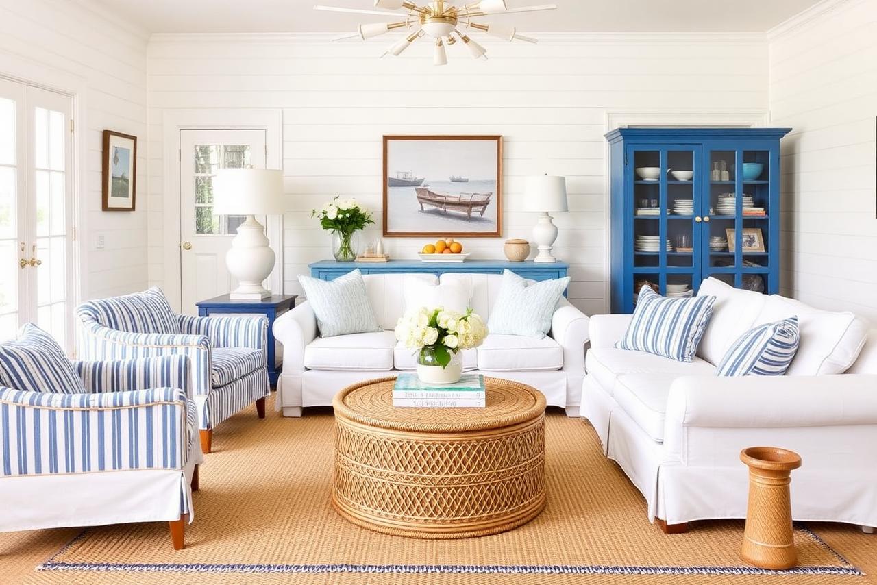 Nantucket coastal living room with a white slipcovered sofa, blue ticking stripe chairs and a rattan drum coffee table