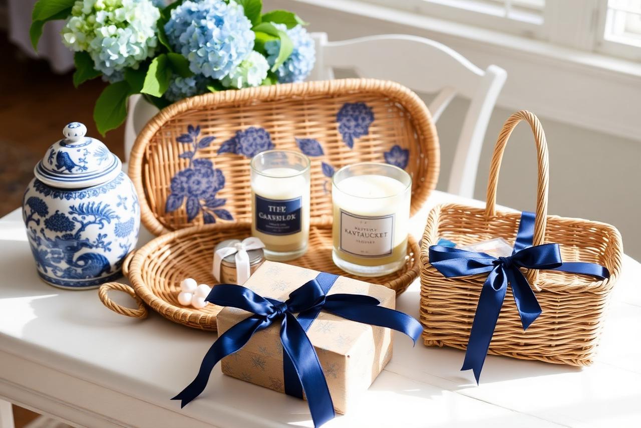Coastal hostess gifts tied with navy ribbon — a blue and white ginger jar, rattan tray, candles and a woven basket