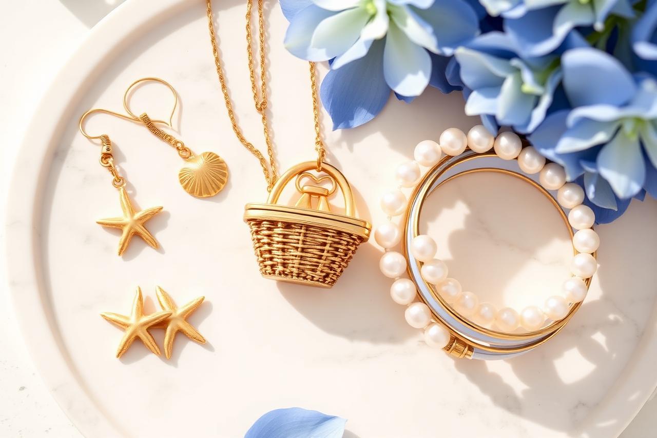 Gold shell and starfish earrings, a Nantucket lightship basket pendant and pearl bracelets on a white marble tray