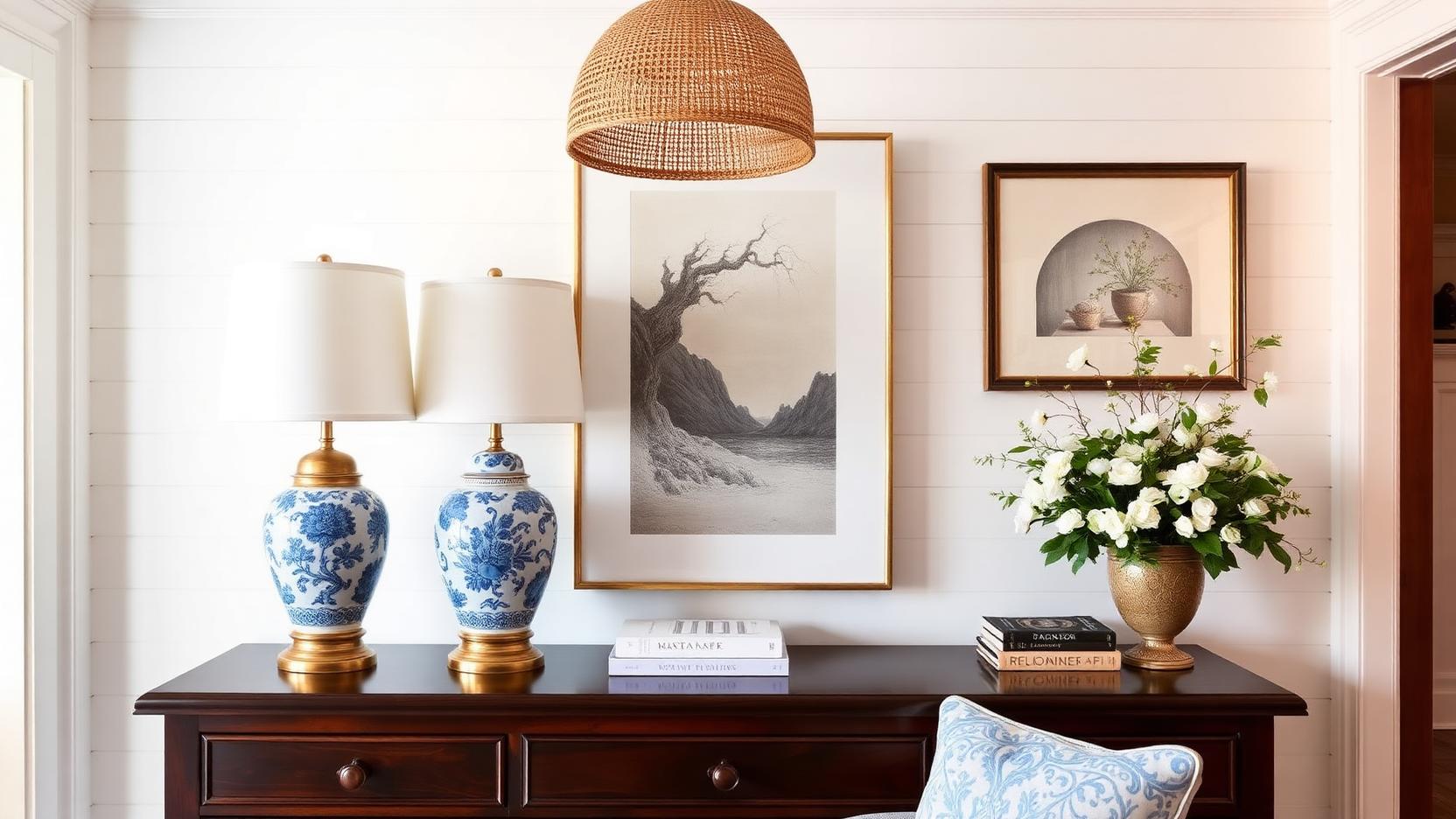 Pair of blue and white ginger jar table lamps with linen shades on a console beneath a rattan pendant in a coastal entry
