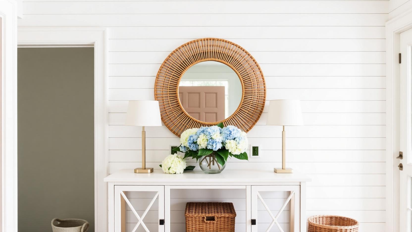 Large round rattan sunburst mirror hanging above a white console with blue hydrangeas in a shiplap Nantucket entry