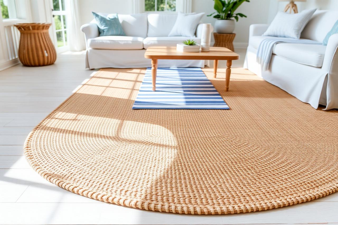 Large round natural jute rug layered with a blue and white striped runner in a bright coastal living room
