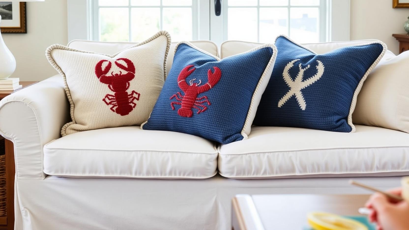 Slipcovered white sofa layered with hooked wool lobster pillows and blue and white striped throw pillows in a Nantucket living room