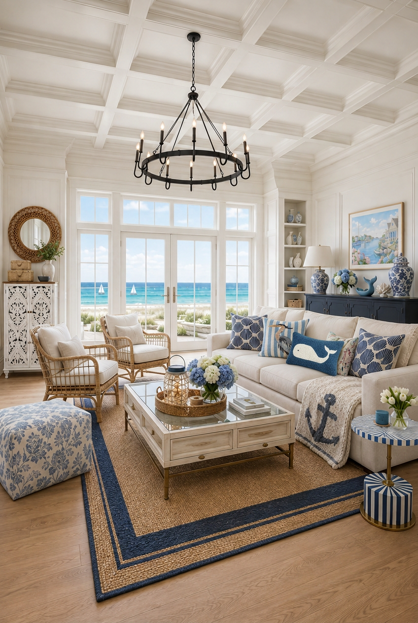 Coastal beach house living room with a black wagon wheel chandelier, coffered white ceiling, cream linen sectional with a navy whale pillow and blue striped heron pillow, chunky knit anchor throw, rattan accent chairs, square glass display coffee table with rattan tray and hydrangeas, navy-bordered jute rug, distressed white carved-door cabinet, navy sideboard with blue and white ginger jars, round rattan wall mirror and a blue damask pouf overlooking the ocean.