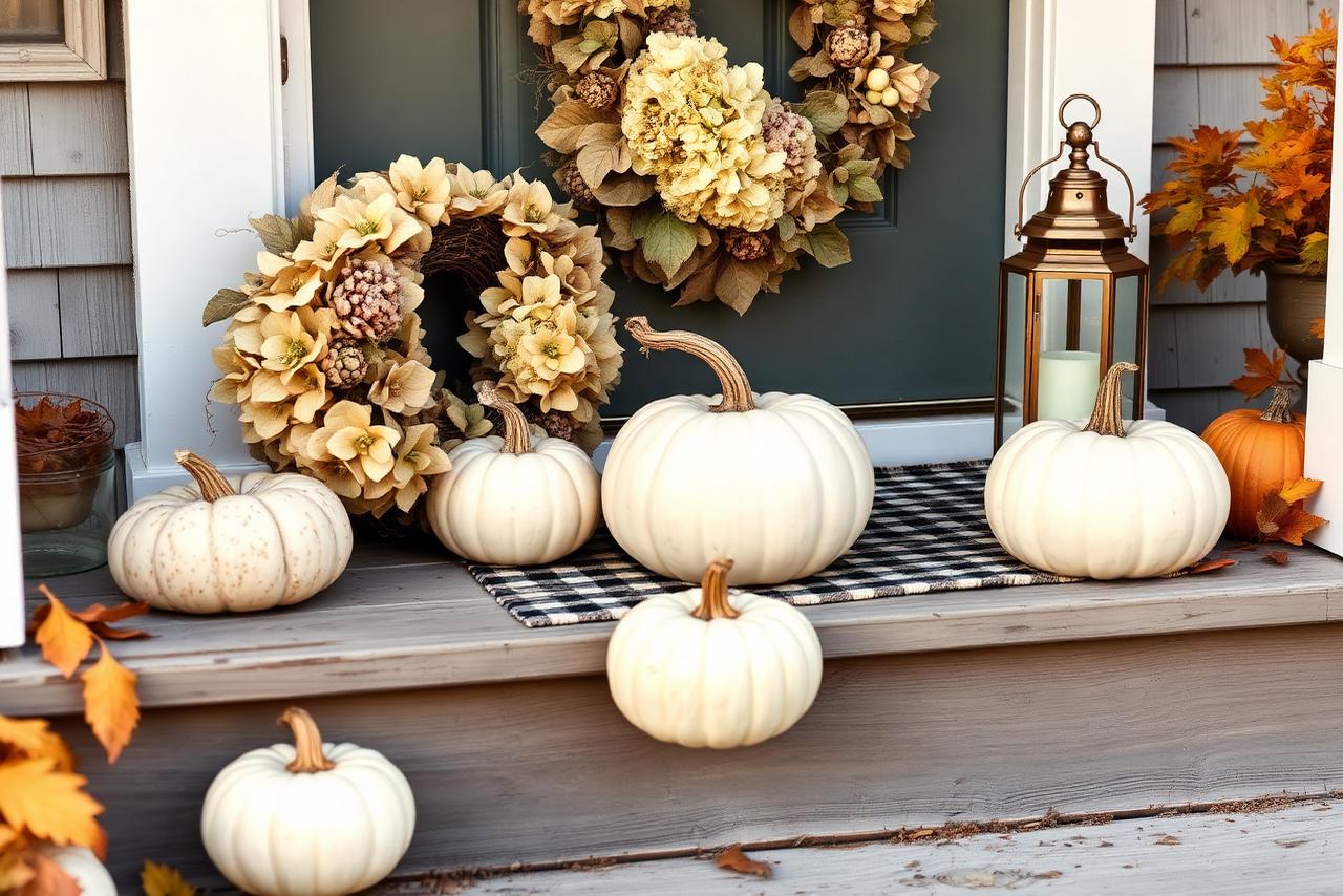 White heirloom pumpkins, a dried hydrangea wreath and a brass lantern on a weathered gray shingled porch step