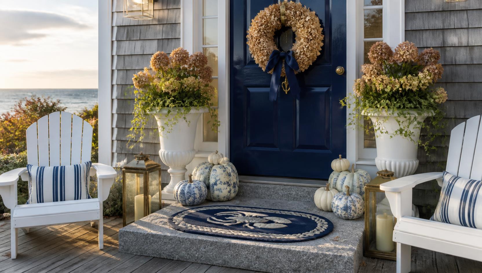 A Nantucket fall porch with a navy door, dried hydrangea wreath, white Adirondack chairs with blue striped pillows, lobster rope doormat, blue toile pumpkins and brass lanterns with the ocean in the background