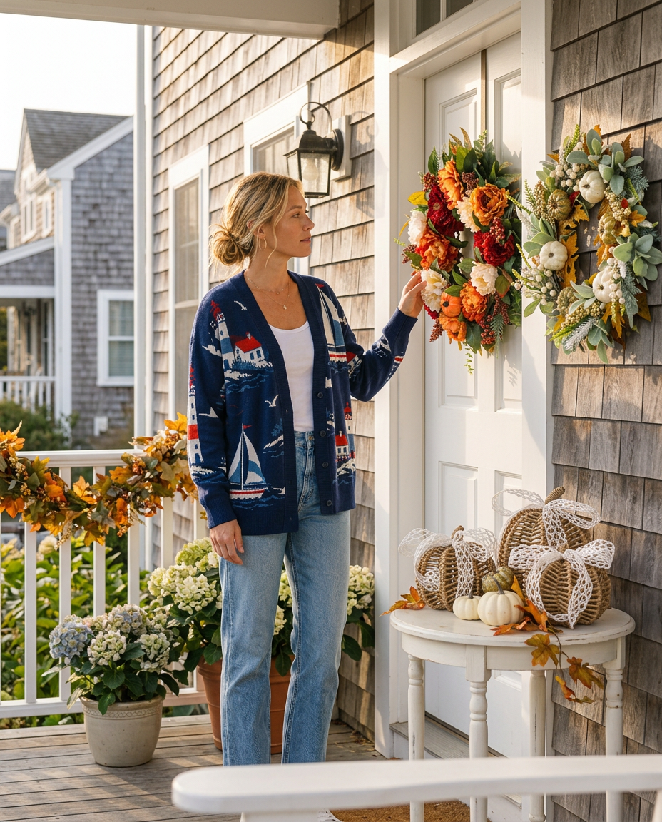 A shingled Nantucket porch styled with fall wreaths, autumn garland, white pumpkins and jute rope pumpkins on a small white table