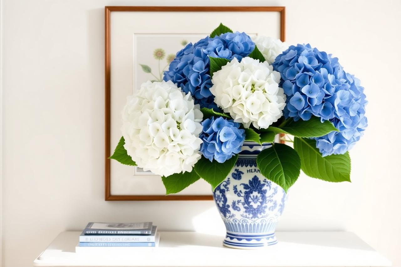 Oversized blue and white faux hydrangea stems arranged in a blue and white porcelain ginger jar on a white console