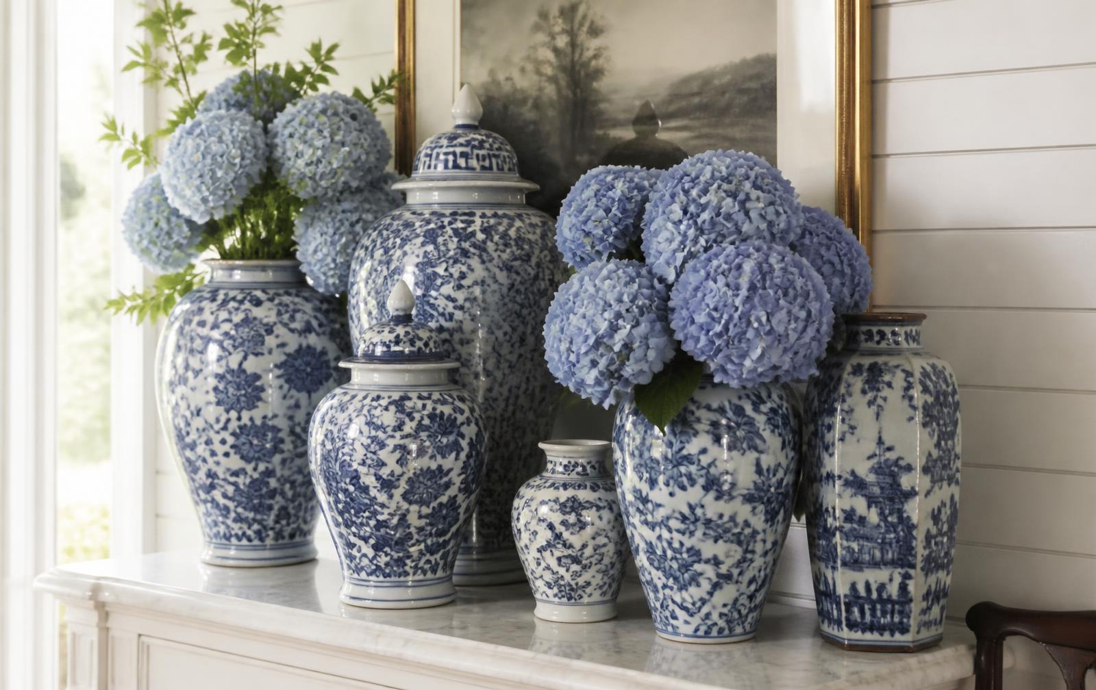 Grouping of blue and white chinoiserie ginger jars and porcelain vases filled with blue hydrangeas on a white marble mantel