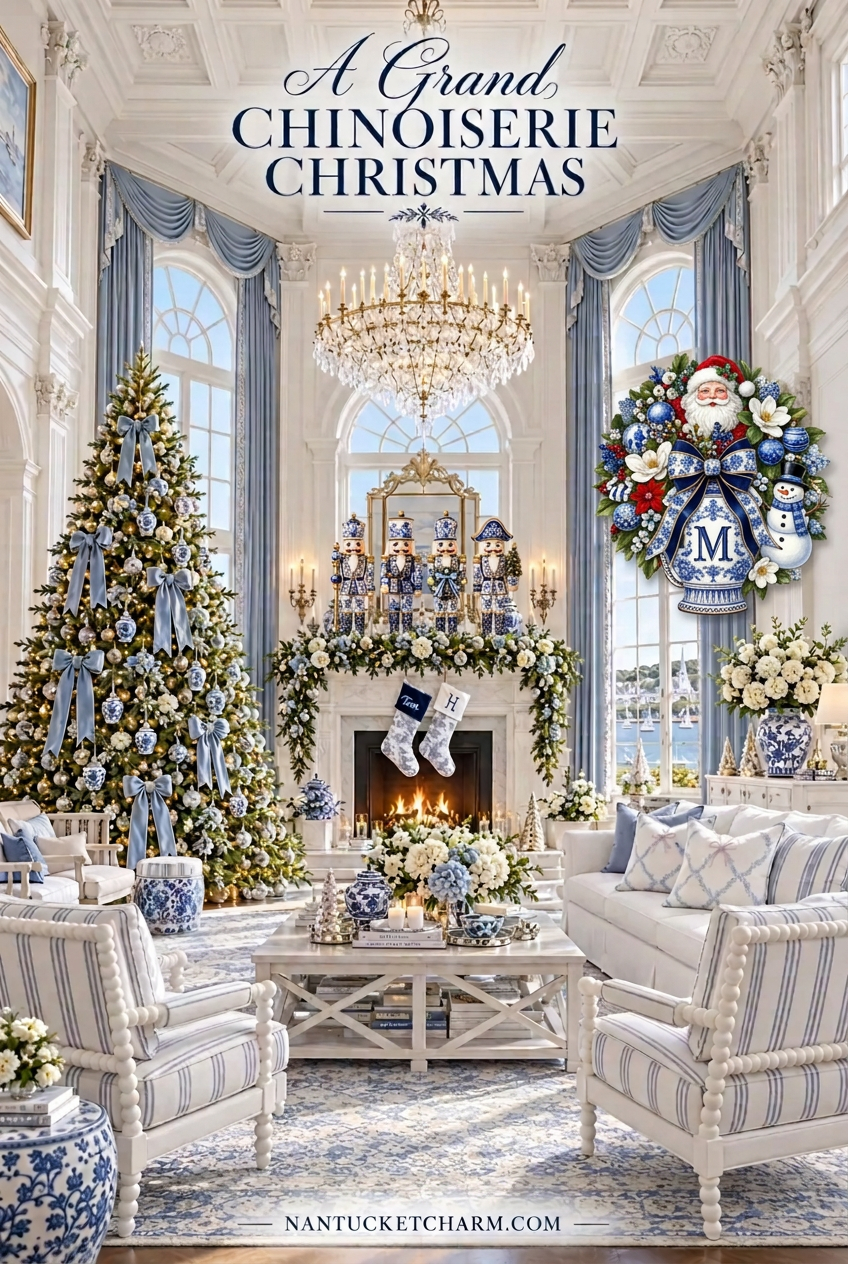 Grand chinoiserie Christmas living room with a tree in ice-blue velvet bows and blue-and-white ginger jar ornaments, toile stockings on a marble fireplace, four chinoiserie nutcrackers on the mantel, a chinoiserie Santa door hanger on the wall, crystal chandelier, ivory sofa, striped bobbin armchairs, garden stools and harbor view.