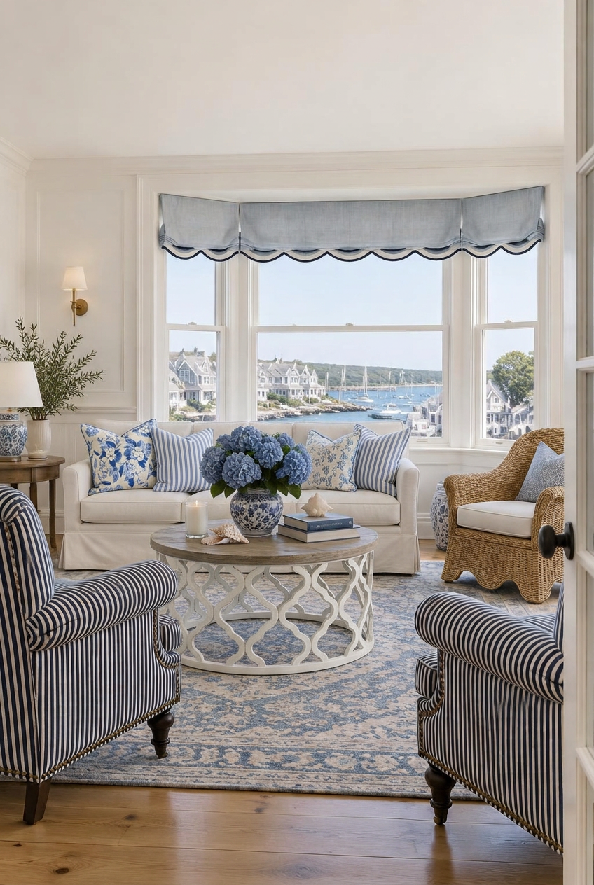 Styled Nantucket living room concept with navy and ivory striped armchairs, an ivory sofa with blue hydrangea and ticking pillows, scalloped blue Roman shade, wicker chair, white lattice-base coffee table, blue floral rug and hydrangeas beside a harbor window.