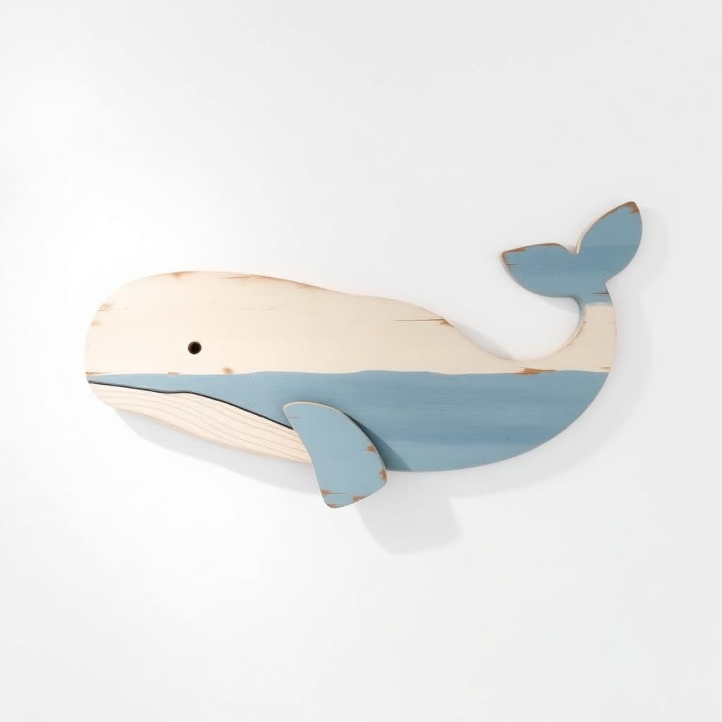 Moby Whale Hand-Carved Wooden Beach Wall Art — Glass & Brass Round with Blue Whale & Chinoiserie coastal living room styling