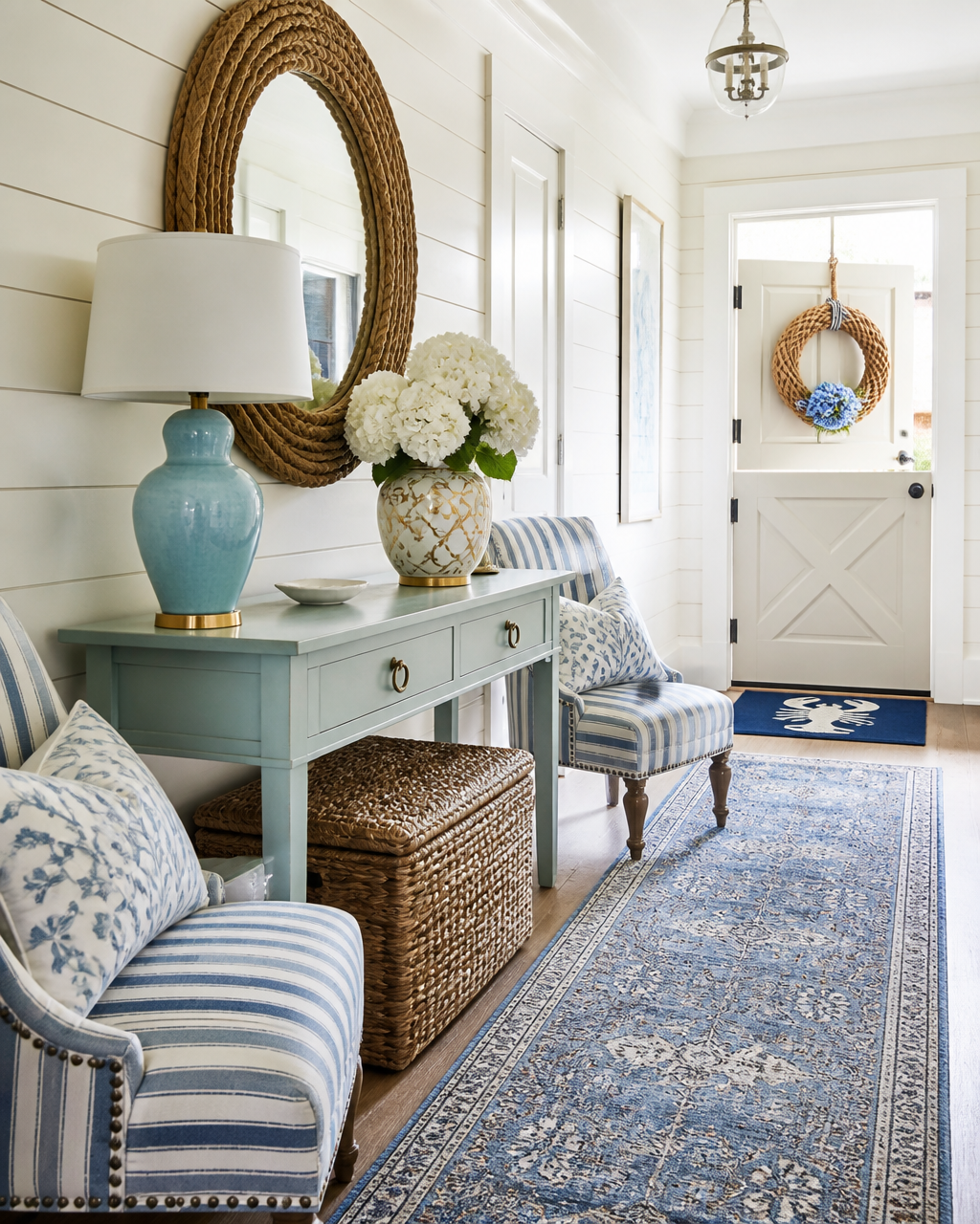 Blue and white Nantucket coastal entryway with a sea foam blue console table, handwoven jute rope round mirror, light blue ceramic lamp, white hydrangeas in a gold trellis ginger jar, blue striped nailhead accent chairs, wicker storage ottoman, distressed blue runner rug, lobster rope doormat and a jute rope wreath on a white Dutch door.