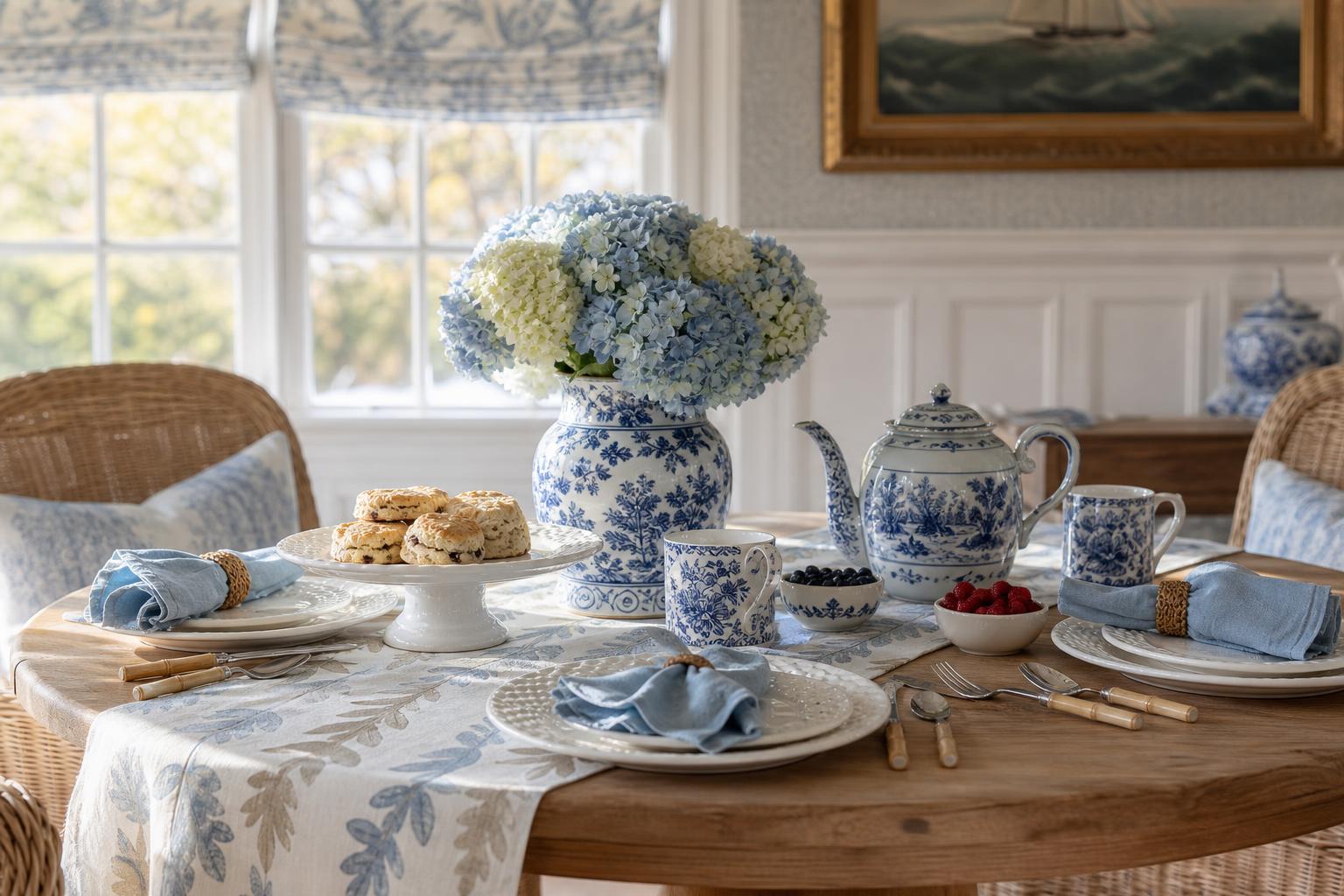 Sunlit Nantucket breakfast room set for fall brunch with a round pine table, oak leaf runner, dusty blue napkins, white plates, blue and white teapot and hydrangeas in a ginger jar.