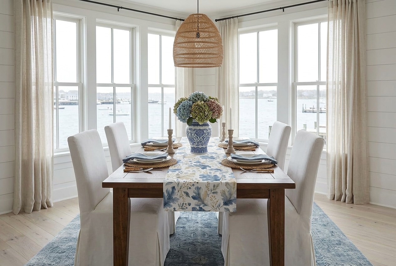 Full Nantucket dining room in fall with white shiplap walls, a wall of harbor-view windows, a walnut farmhouse dining table set with an oak leaf runner, a blue and white ginger jar of hydrangeas, white plates on seagrass placemats and white slipcovered chairs.