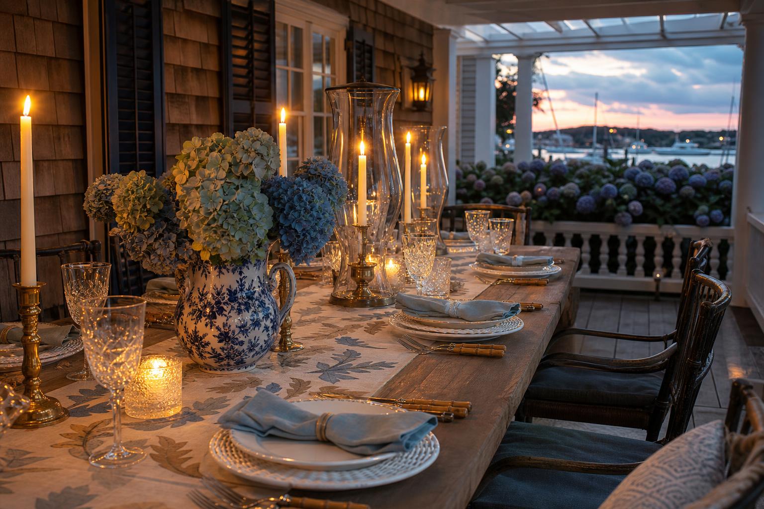 Candlelit fall dinner table set on a shingled Nantucket porch with an oak leaf runner, dusty blue napkins, white basketweave plates, bamboo flatware, hurricane lanterns and hydrangeas in a blue and white pitcher at dusk.