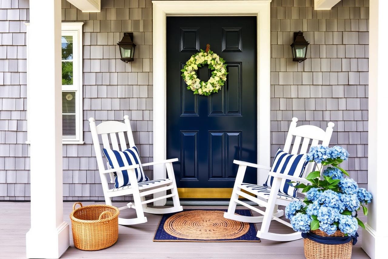 Gray shingled Nantucket front porch with a navy door, hydrangea wreath, lobster rope doormat and white rocking chairs