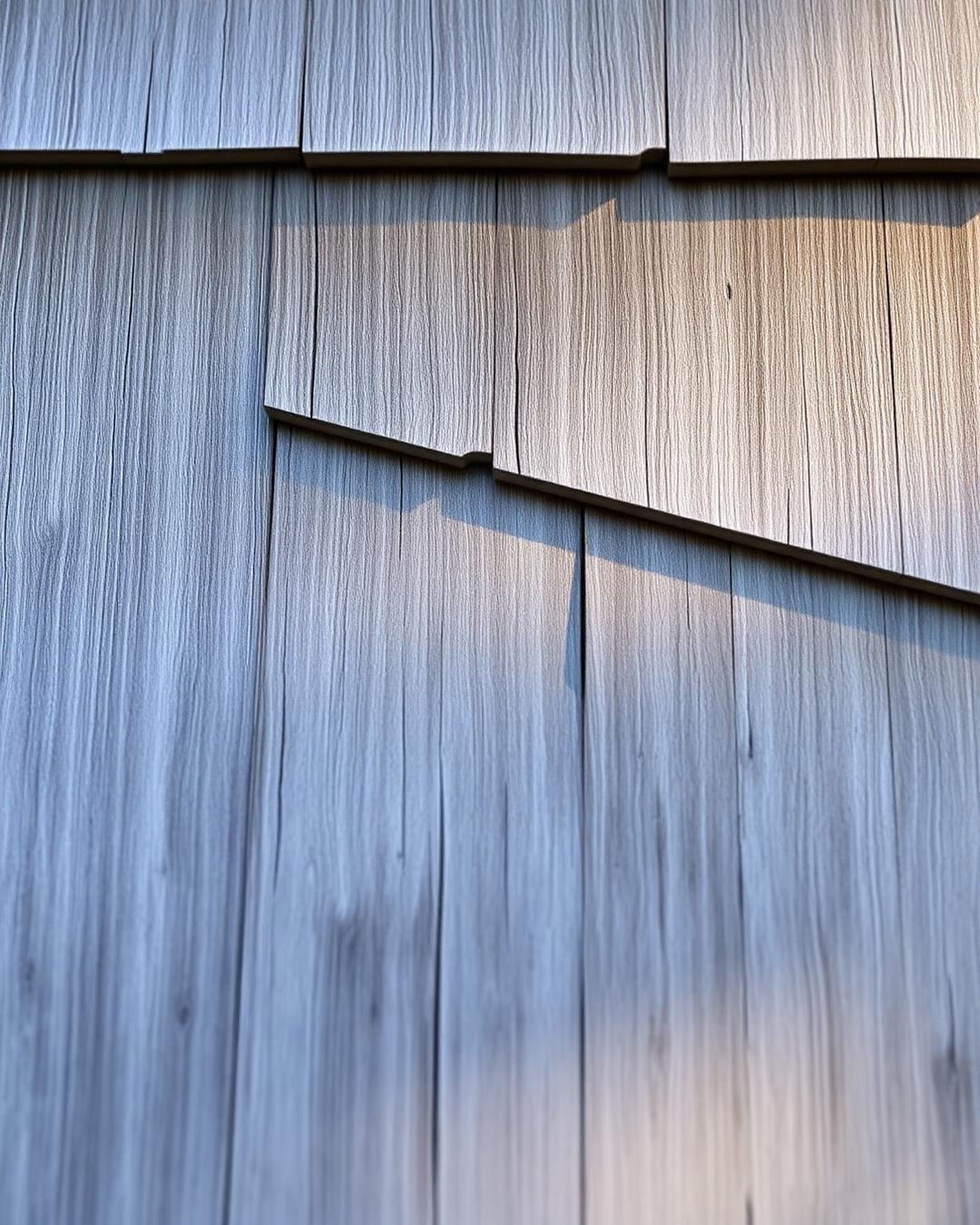 Weathered gray cedar shingles in soft morning light