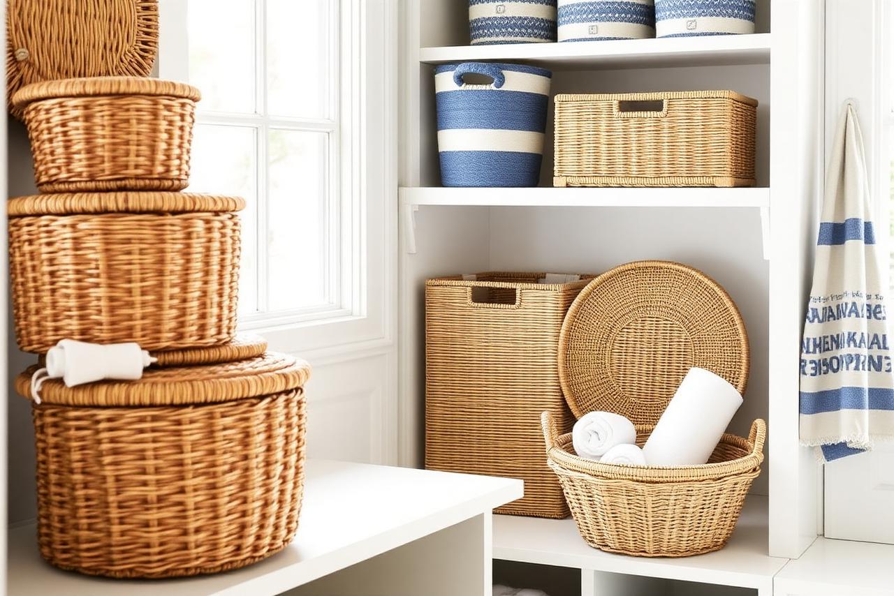 Stacked handwoven water hyacinth and rattan storage baskets in a bright white coastal mudroom