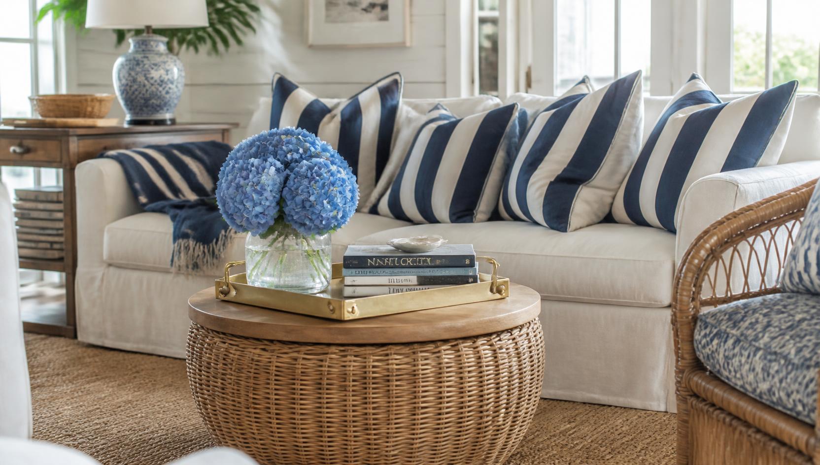 Round natural wicker storage ottoman used as a coffee table with a brass tray and blue hydrangeas in a Nantucket living room