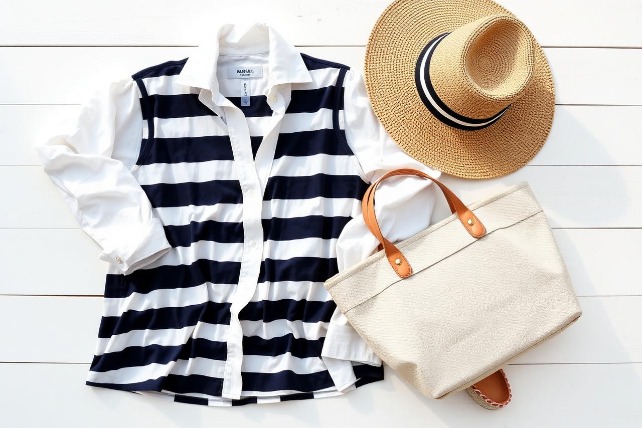Flat lay of classic New England summer style — navy striped top, white linen shirt, straw hat, canvas boat tote and espadrilles